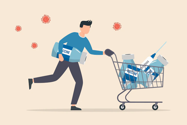 Man pushing shopping trolley full of vaccine vials and giant syringe