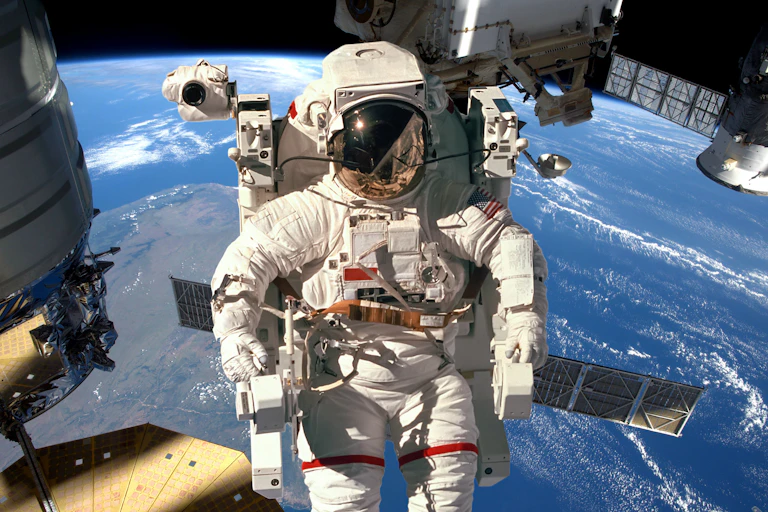Astronaut in space outside the International Space Station.