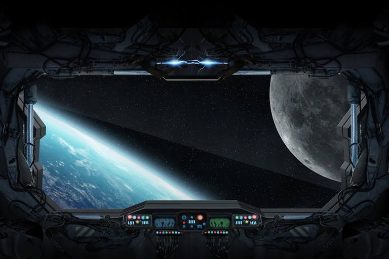 A view of Earth from a spaceship cockpit