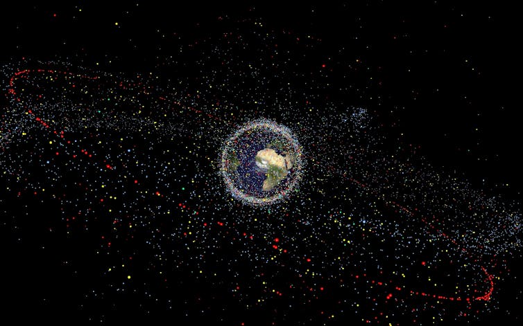 an image of the earth surrounded by thousands of dots representing all the human-made objects in orbit