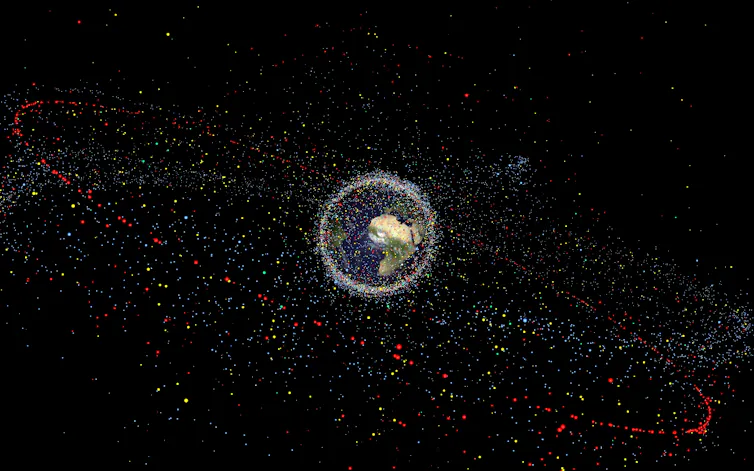 an image of the earth surrounded by thousands of dots representing all the human-made objects in orbit