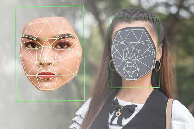 a woman standing with her face digitally extrapolated and covered in network illustrations
