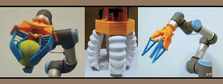 Modelos de garras blandas. La blanca está hecha de vejigas neumáticas. La azul es de una silicona deformable que se autoajusta a la forma de la pieza. Desarrolladas en el Centro de Automatización y Robótica de la UPM.