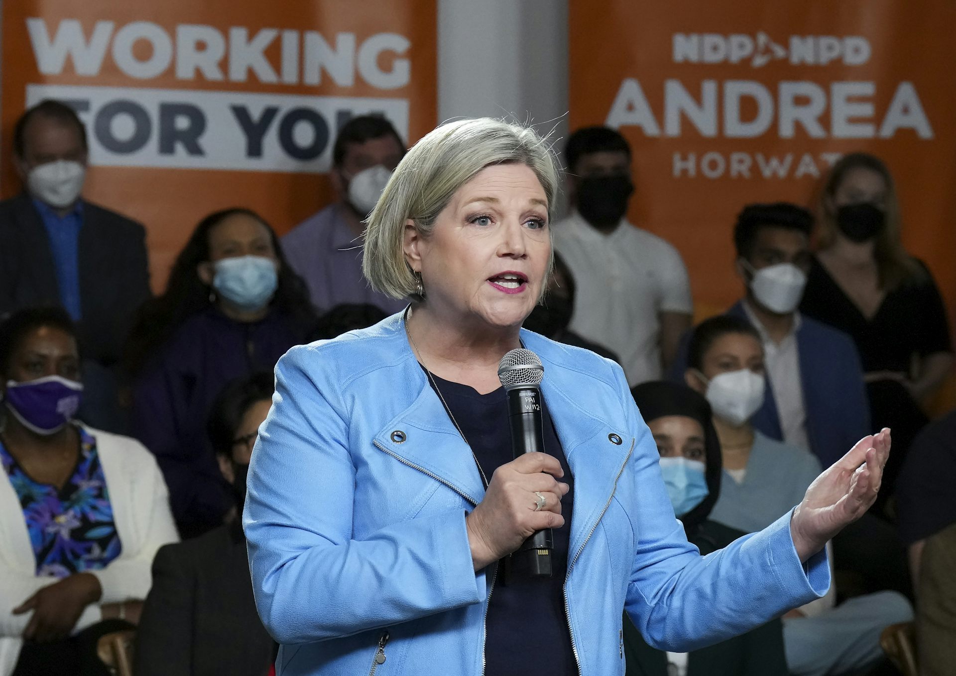 A blonde woman in a blue jacket speaks into a microphone with a Working for You sign behind her.