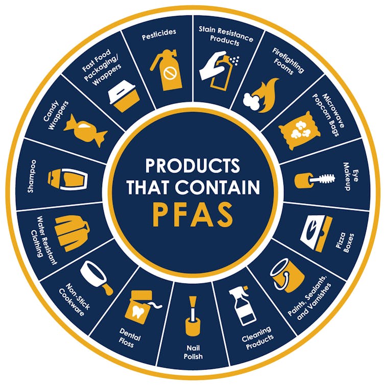 Graphic show types of products including water-resistant clothes, stain-resistant products, makeup, firefighting foam, cleaning products and food packaging