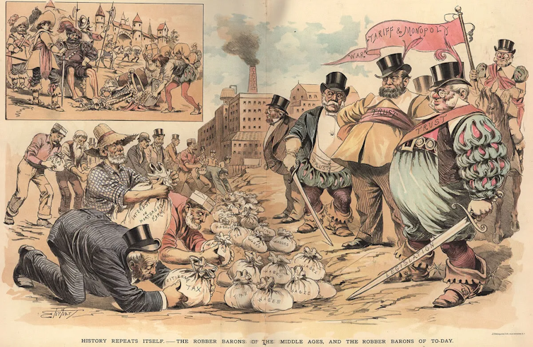 A 19th-century illustration showing people kneeling and placing bags of money at the feet of fat men with whiskers