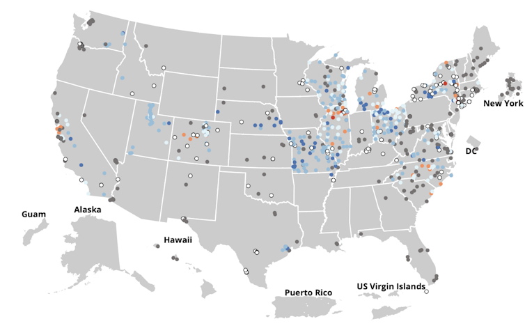 Map of U.S. with dots for sites that report to NWSS