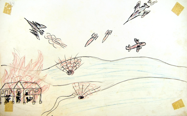 Drawing of planes dropping bombs on a building.