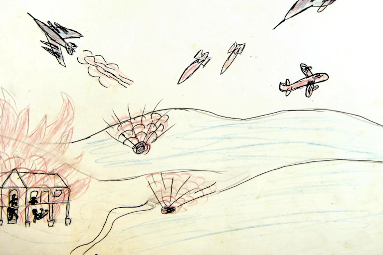Drawing of planes dropping bombs on a building.