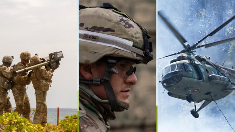 Images of a weapon, a helmet and a helicopter