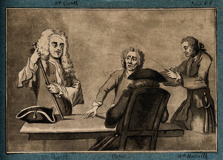 A monochrome illustration of four men around a table playing draughts