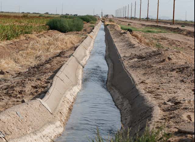 Water in a narrow concrete-sided canal between a field and a road