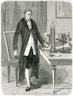 Line drawing of 19th century man next to scientific instrument