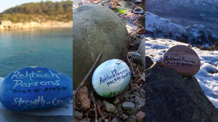 Stones reading Rehtaeh Parsons are photographed in different locations