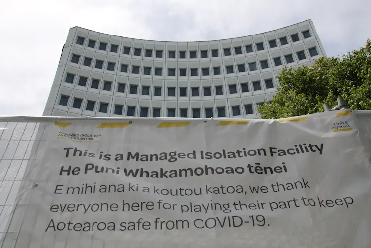 Sign outside a hotel used for managed isolation.