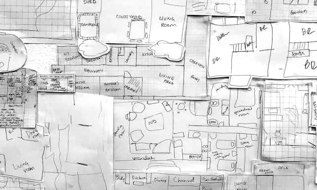 Layered hand-drawn floor plans from The Sharehouse Project by Janine Mikosza and Stephanie Jones
