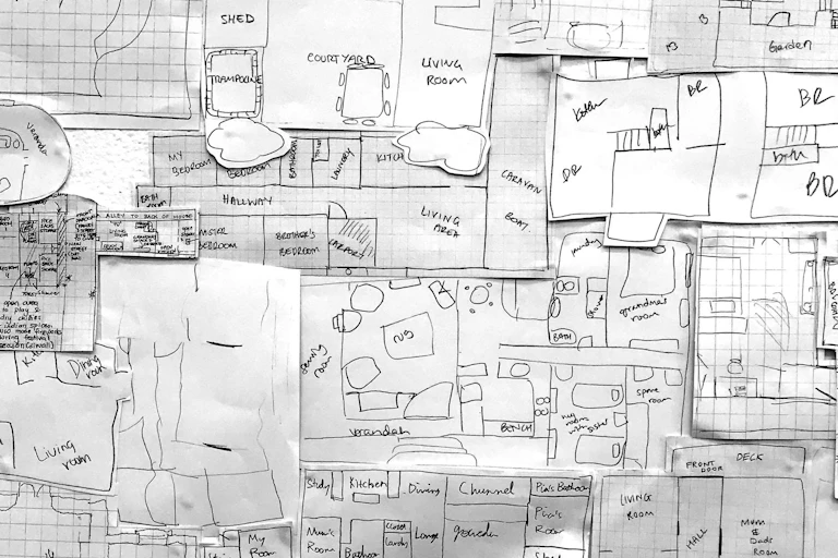 Layered hand-drawn floor plans from The Sharehouse Project by Janine Mikosza and Stephanie Jones