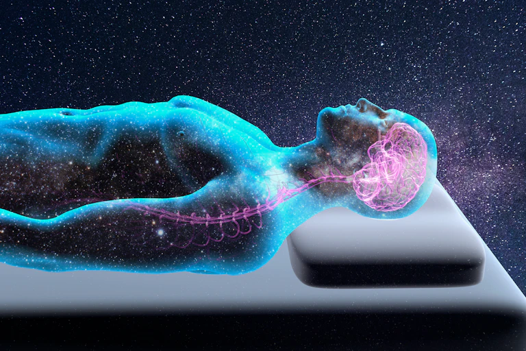 Artist's image of a man sleeping, his brain lit up.