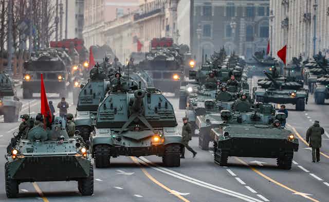 Russian tanks rehearse for Russia's May 9 'Victory Day' celebrations in Moscow, April 2022.