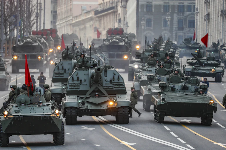 Russian tanks rehearse for Russia's May 9 'Victory Day' celebrations in Moscow, April 2022.