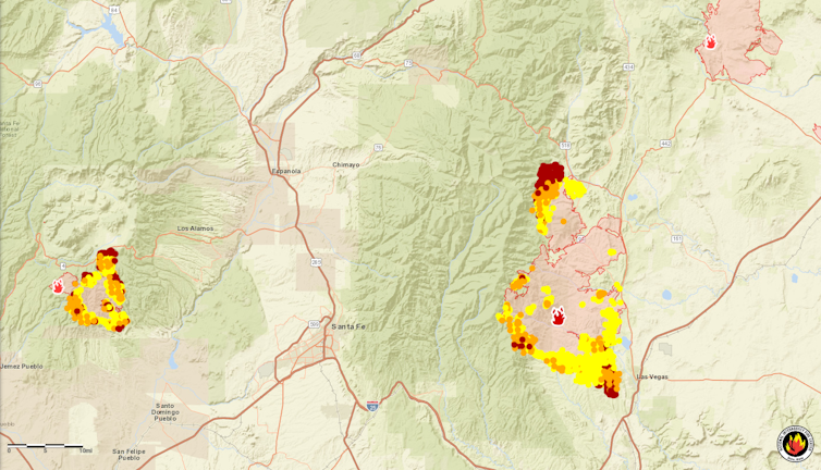 Map showing several large fires around Santa Fe,
                  New Mexico, including in the town of Las Vegas, New
                  Mexico