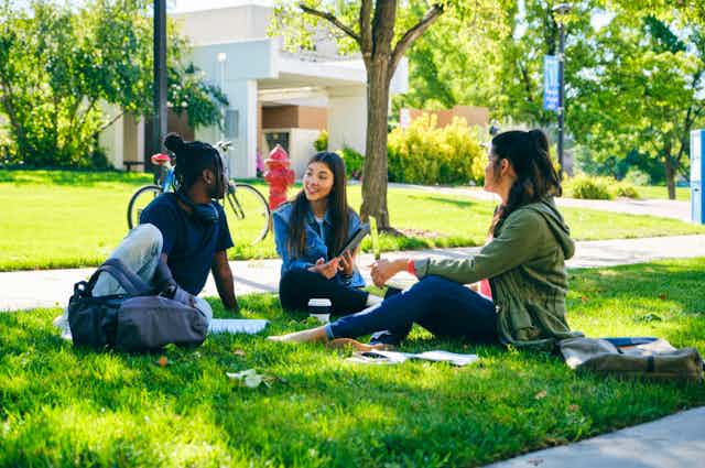 A group of college students sit outside on the grass.
