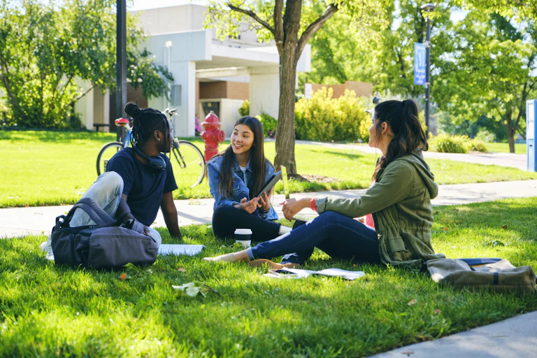 A group of college students sit outside on the grass.