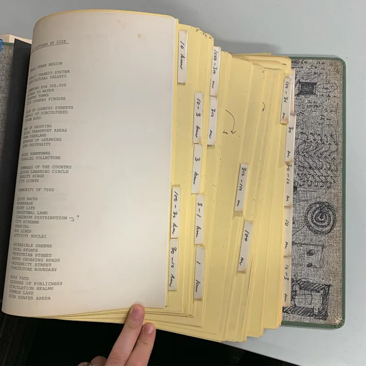 A hand seen resting on a binder filled with dividers that is scribbled with geometric drawings.