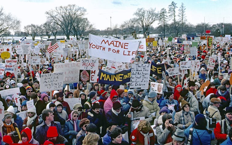 Huge and colorful crowd of anti-abortion protesters along a large boulevard, holding signs.