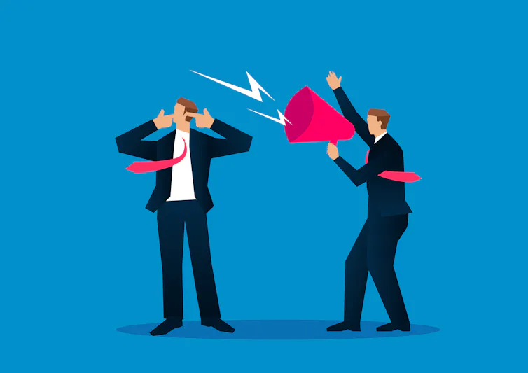 In this illustration, a man is seen with his ears covered while another man is screaming through a megaphone.
