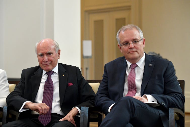 Former PM John Howard and current PM Scott Morrison at the opening of the Howard Library in Canberra.