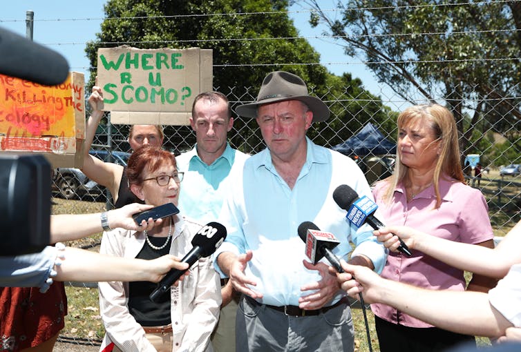 Opposition leader Anthony Albanese speaking in the bushfire-affected region of Nimbin in 2019.