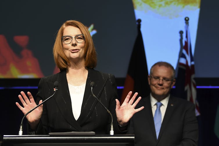 Former PM Julia Gillard addressing survivors of child sexual abuse in 2018.
