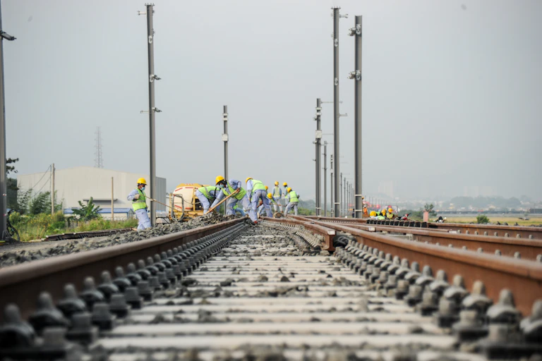 The installation of railway for Jakarta-Bandung High-Speed Train in Bandung Regency, West Java.