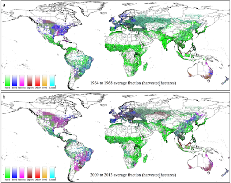 World maps showing increasing non-food usage of crops worldwide