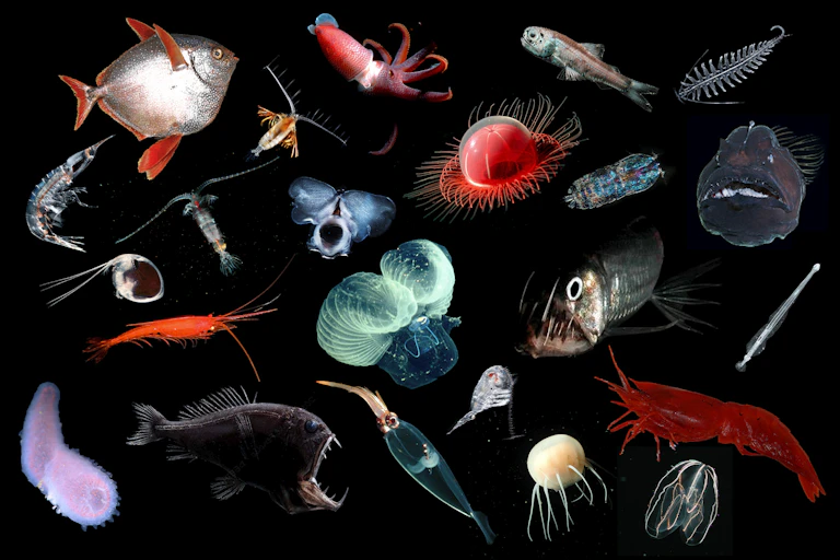 Poissons, planctons, méduses, et autres espèces colorées, sur fond noir.