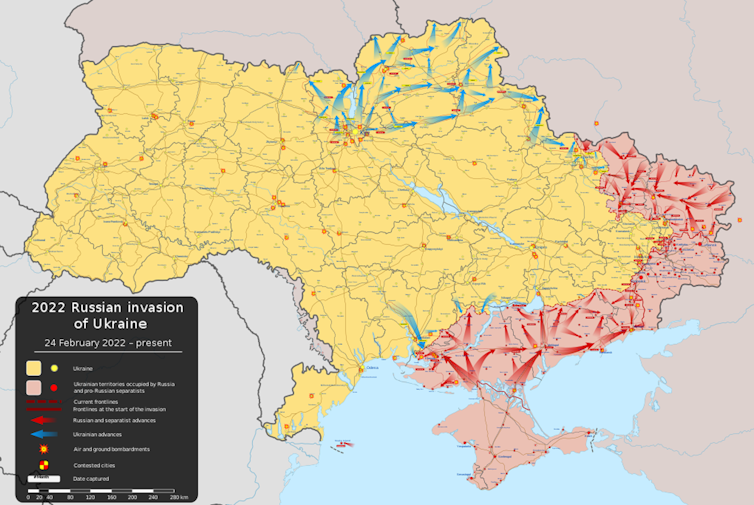 Mapa de Ucrania que muestra el progreso de la invasión rusa a 9 de mayo de 2022
