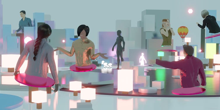 Avatars congregate in a virtual environment lit with blocks of bright white light.