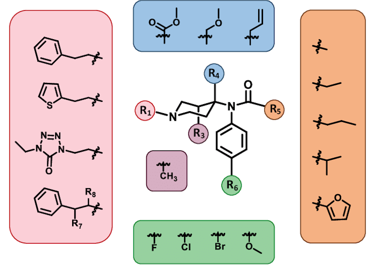 Diagram showing different functional groups that can be substituted in fentanyl.