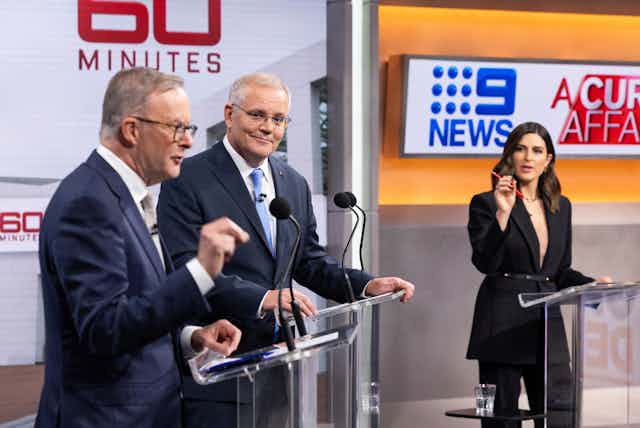 Anthony Albanese, Scott Morrison and moderator Sarah Abo at the Channel Nine debate