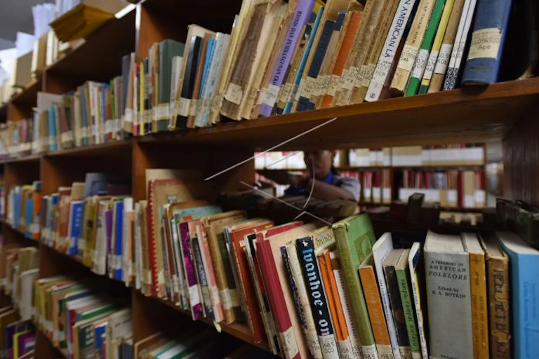 Seorang petugas menata buku sastra di Pusat Dokumentasi Sastra HB Jassin, Jakarta, yang memiliki sekitar 300 ribu koleksi sastra.