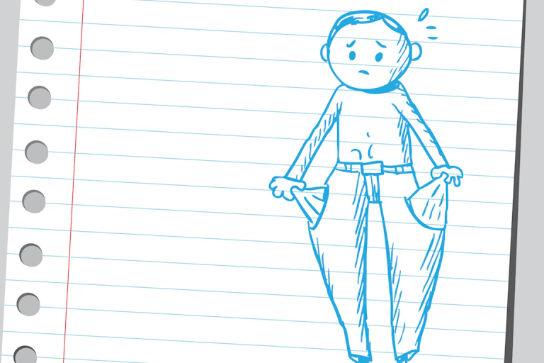 Ink sketch of a cartoon man with nothing in his pockets