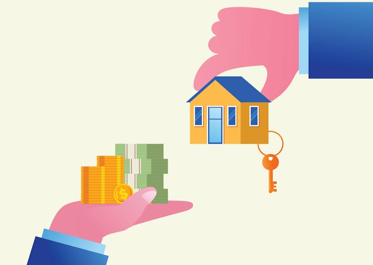 Cartoon of landlord hand and tenant hand swapping money for a house and key