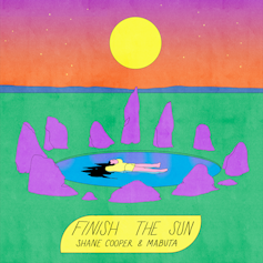 An album cover showing an illustration of a person floating on their back in a pool surrounded by rocks under a round sun.
