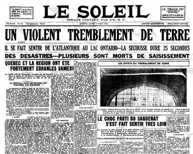 The front page of Le Soleil newspaper on Feb. 28, 1925, comprising only stories about the earthquake