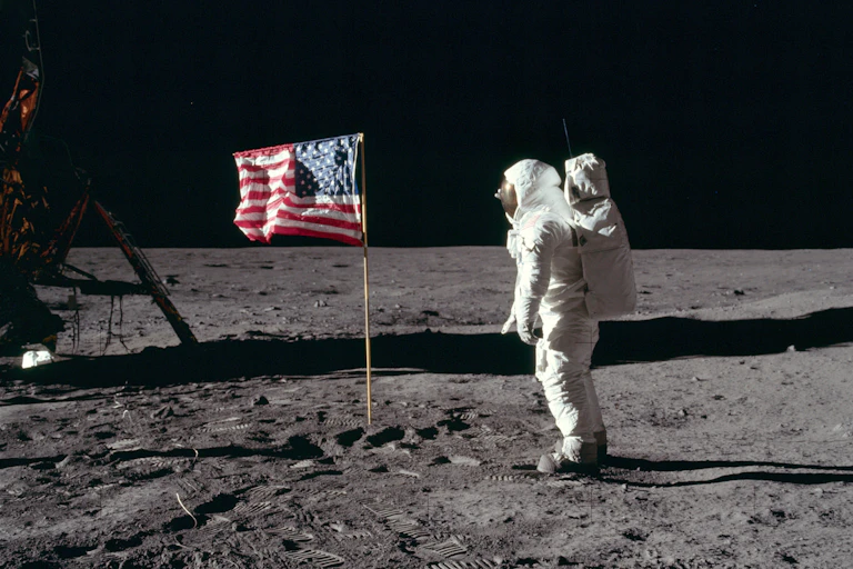 A photo of Buzz Aldrin saluting the U.S. flag on the Moon.