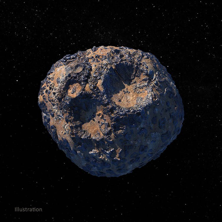 A rendering of a brown and silver asteroid in space.