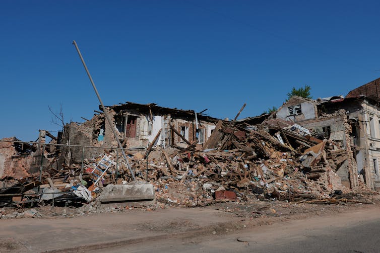 The wreckage of buildings destroyed by shelling.