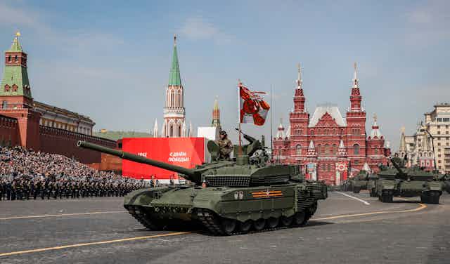 Russian T-90M and T-14 Armata tanks take part in the Victory Day military parade general rehearsal in the Red Square in Moscow, Russia, 07 May 2022.