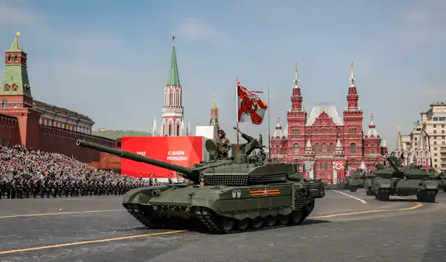 Russian T-90M and T-14 Armata tanks take part in the Victory Day military parade general rehearsal in the Red Square in Moscow, Russia, 07 May 2022.